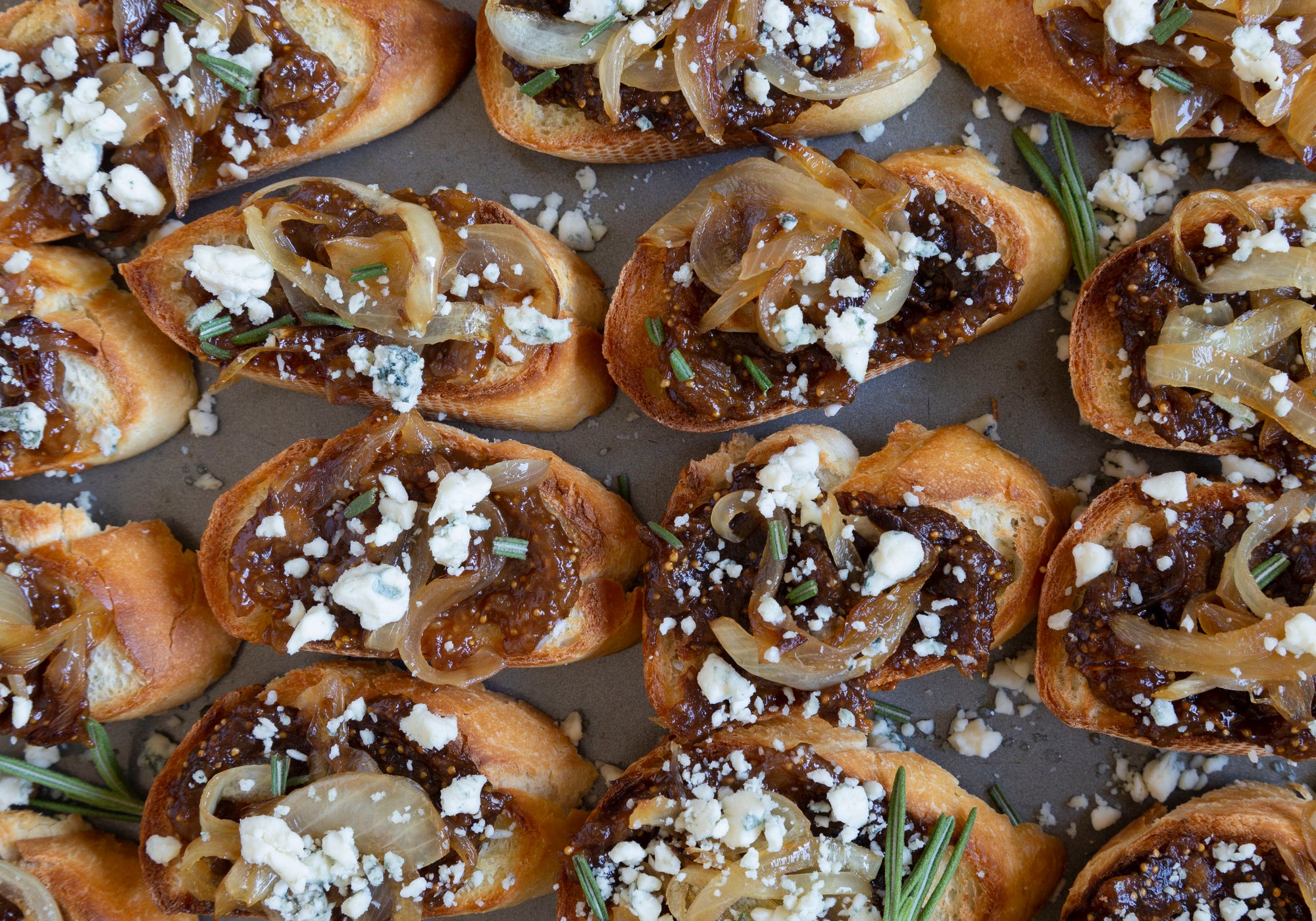 Crostini with Fig, Caramelized Onion, and Blue Cheese