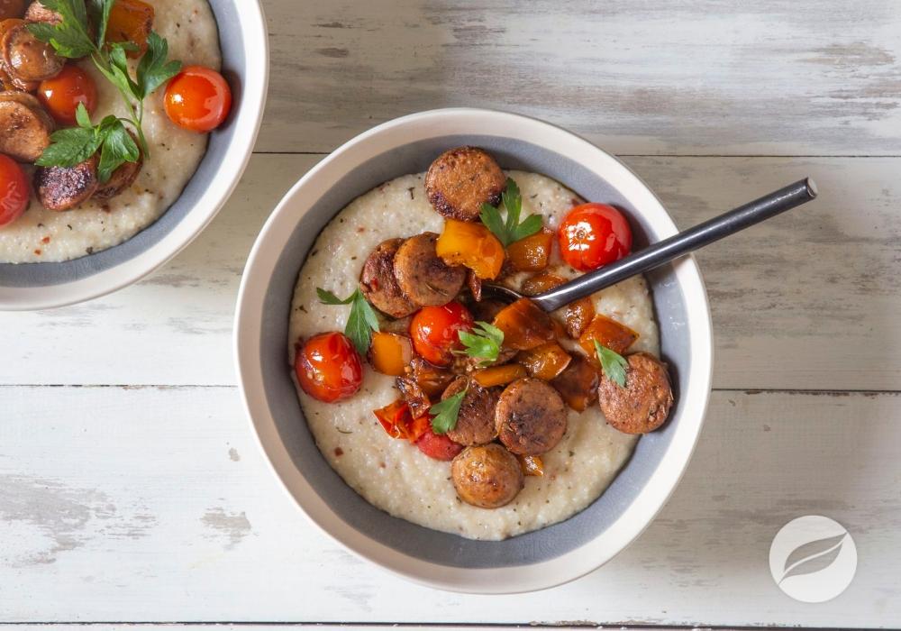 Cheesy Grits with Sausage & Tomatoes